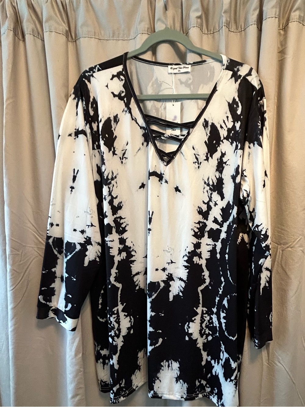 Parker Black and White Tie-Dye V-Neck Tunic with Strap Detail